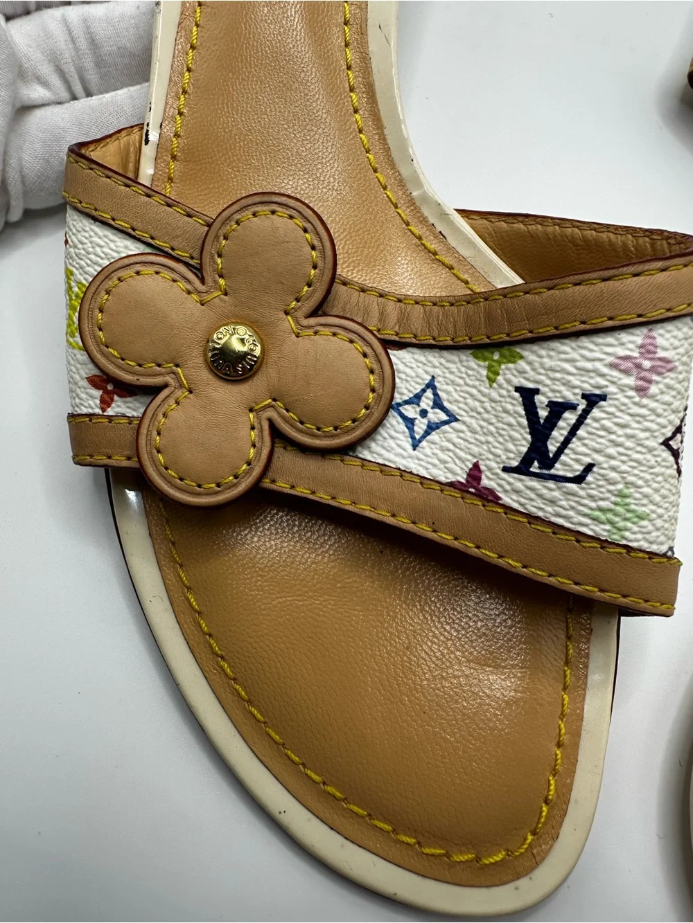 Louis Vuitton Multicolor Monogram Floral Appliqué Slide Sandals - Tan Footbed